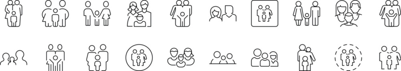 Family Simple Linear Illustrations. Contains Icons of Parents with Child for Graphics, Concept, Apps