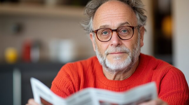 Elderly man enjoys morning reading in a cozy kitchen atmosphere
