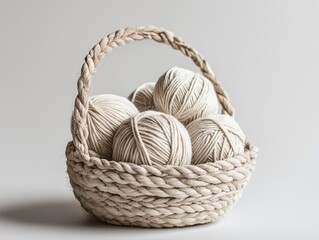 Obraz premium Assorted yarn balls in a wicker basket, set against a clean white backdrop, adding a touch of handmade charm