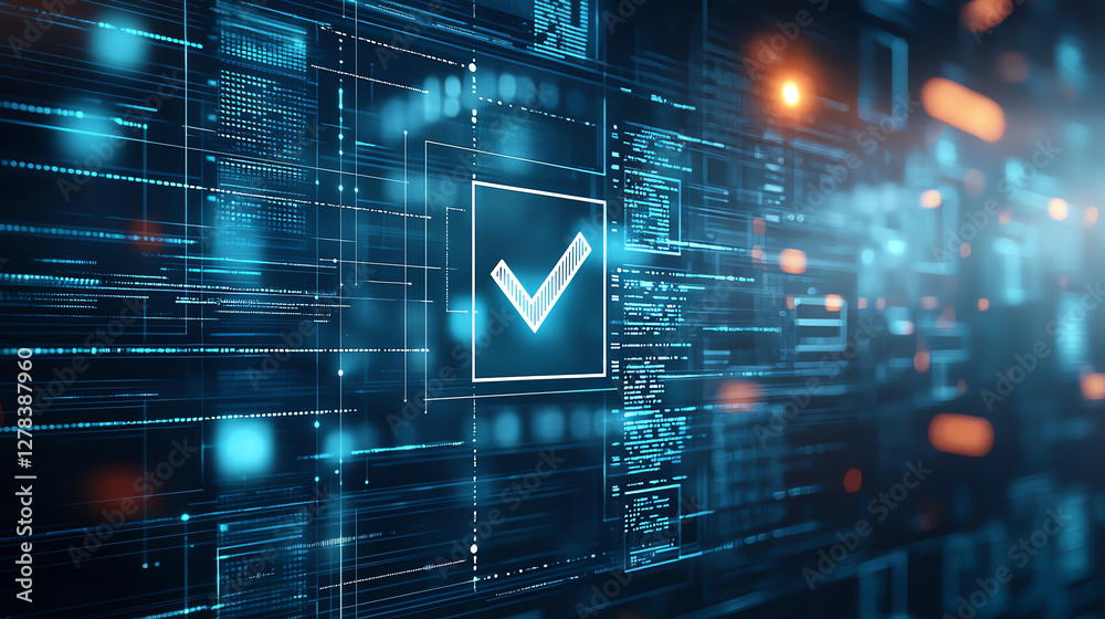 Poster digital interface with checkmark and glowing icons, representing technology and verification. futuri