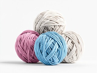 Colorful yarn balls in various shades, arranged on a clean white background, creating a vibrant and playful display