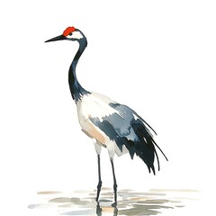 Obraz premium Elegant Watercolor Painting of a Red-crowned Crane in a Tranquil Setting.