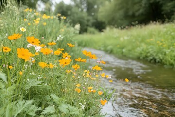 Orange Wildflowers by a Calm Stream in a Lush Green Meadow