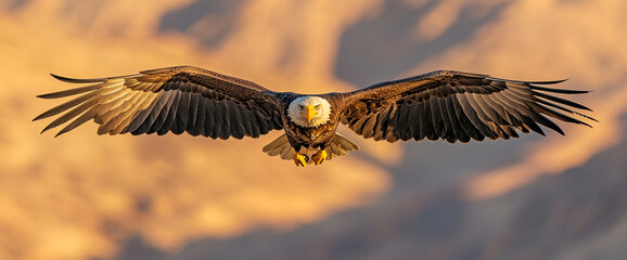 A majestic bald eagle flying over rugged mountainous terrain, showcasing strength, freedom, and the power of nature in the golden hour light.