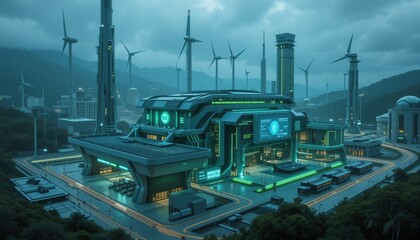 Fototapeta premium A stunning green energy facility stands illuminated amidst towering wind turbines in a serene mountain landscape as twilight approaches, showcasing sustainable technology and innovation
