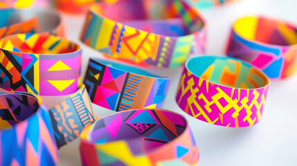 Obraz premium Paper wristbands ticket with abstract geometric patterns. Security bracelets with barcode for entrance to sport event, concert or music festival. Realistic 3d club party wrist armlet mockup.