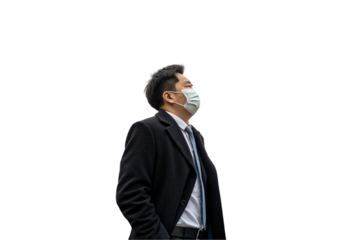 A man in a black coat, white shirt, and tie wears a face mask while gazing upwards, isolated on a transparent background