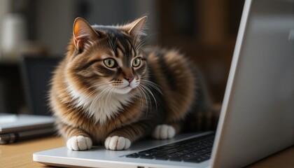 A fluffy striped cat sits intently on a laptop, with its paws resting on the keyboard. Sunlight filters through a nearby window, creating a warm and inviting atmosphere