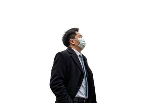 A man in a black coat, white shirt, and tie wears a face mask while gazing upwards, isolated on a transparent background