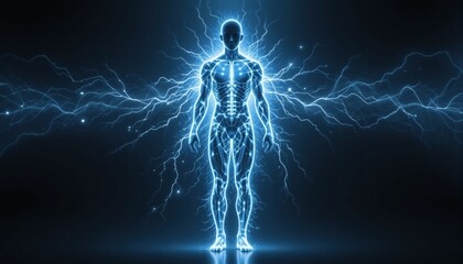 A glowing human silhouette radiates vibrant electric energy against a dark backdrop, symbolizing power and life force. Sparks and currents flow around, evoking a sense of movement and dynamism