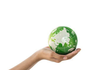 A semi-transparent globe with a green hue, depicting continents in a digital style, resting gently in an outstretched hand, isolated on a transparent background