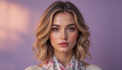 A young woman gazes confidently at the viewer, exuding elegance and poise. Her wavy blonde hair and pastel scarf create a serene atmosphere, enhanced by soft lighting