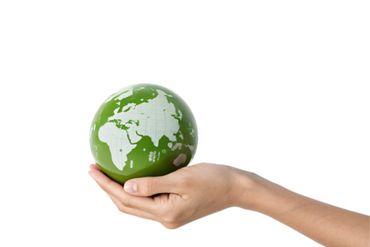 A round globe featuring a green-tinted world map, held by a human hand, symbolizing environmental awareness and global sustainability, isolated on a transparent background - Powered by Adobe