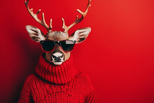 Stylish Deer in Red Knit Sweater Sunglasses Festive Winter Fashion Animal Portrait Photography Cool Reindeer Holiday Cheer Christmas Season Apparel   