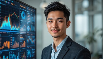 Fototapeta premium A confident young man stands in a contemporary office, thoughtfully observing vibrant financial charts displayed on a large screen. The atmosphere is focused and dynamic