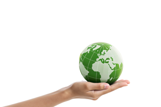 A stylized, grid-patterned globe in green and white, highlighting global interconnectedness and the importance of ecological responsibility, isolated on a transparent background - Powered by Adobe