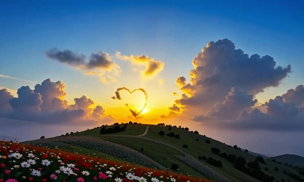 The clouds move beautifully over the hills forming love