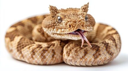 Obraz premium A captivating close-up reveals a horned viper’s head and upper body, poised to strike. Its forked tongue flickers intriguingly as it gazes right, capturing the essence of wild precision and mystery in