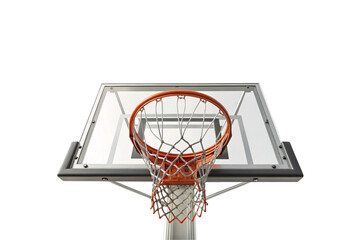 A third basketball hoop with a clear backboard, shot from a low angle. The orange rim and taut white net stand out against the structured transparency, isolated on a transparent background