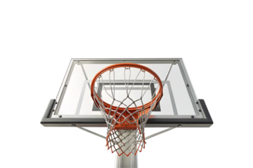 A third basketball hoop with a clear backboard, shot from a low angle. The orange rim and taut white net stand out against the structured transparency, isolated on a transparent background