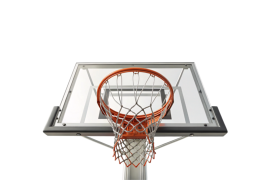 A third basketball hoop with a clear backboard, shot from a low angle. The orange rim and taut white net stand out against the structured transparency, isolated on a transparent background - Powered by Adobe