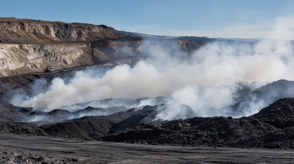 A Dramatic View of an Active Coal Mine with Smoke Plumes Rising Under Clear Blue Sky, Highlighting Environmental Challenges and Extraction Processes