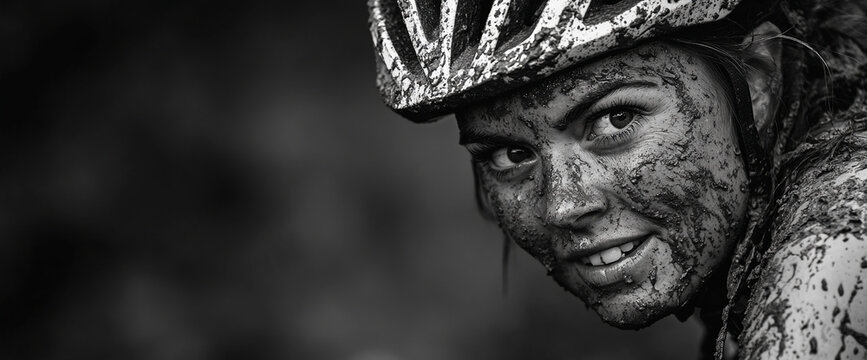 Close-up black and white portrait of a female cyclist with a helmet, covered in mud after an off-road biking race, showing determination with a focused expression.