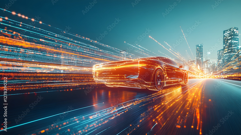 Poster dynamic car in motion with city lights creating a vibrant blur effect
