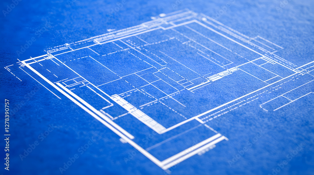Poster blueprint layout on blue paper with white lines and details