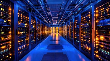 Illuminated Data Center Infrastructure Showcasing Numerous Server Racks and Advanced Technology in a Modern, High-Tech Environment