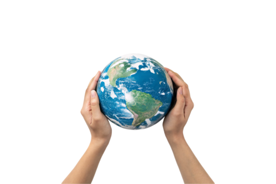 Hands hold a realistic Earth, highlighting North and South America, emphasizing planetary care, climate action, and the urgency of sustainable living, isolated on a transparent background