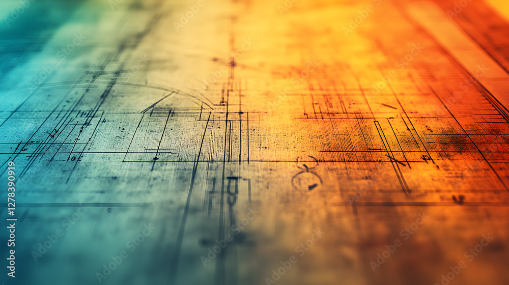 Poster Abstract gradient background with architectural sketches in vibrant colors
