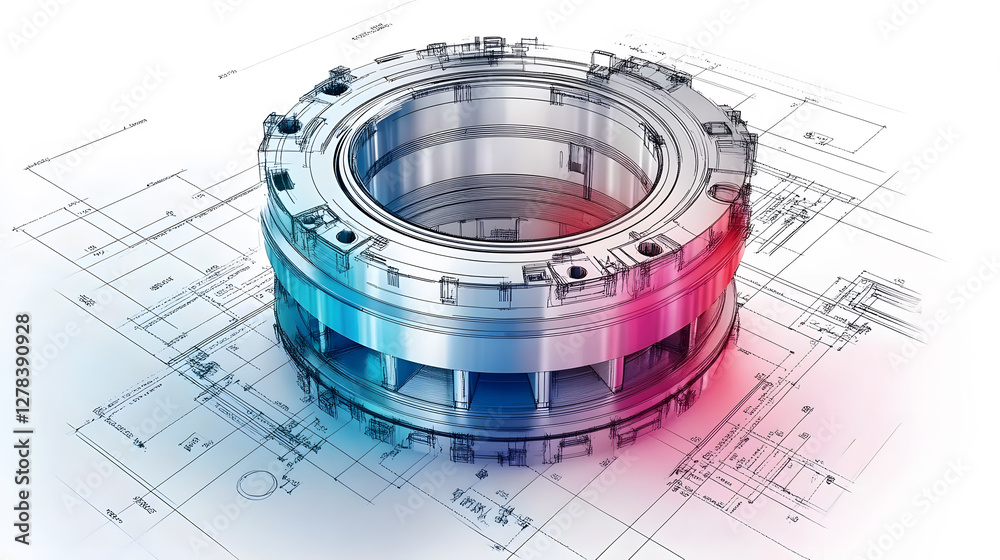 Poster Futuristic mechanical component with engineering blueprint background