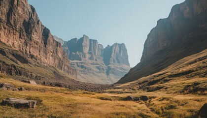 Dramatic Valley with Towering Rock Formations Featuring Green and Brown Vegetation Under Blue Sky