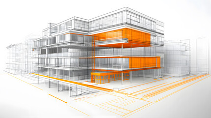 3D architectural model with orange highlights showcasing construction design