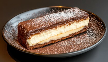 Layered Chocolate and Vanilla Cheesecake Bar on Dark Plate