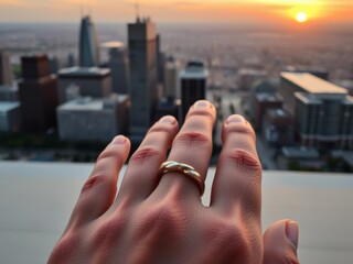 Romantic ring exchange with cityscape backdrop at sunset