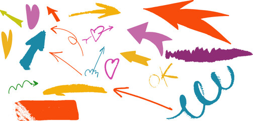 Hand-drawn arrows set. Vector sketch arrows, hand-drawn marks, underlined strokes, doodles, and arrows