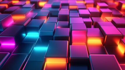Fototapeta premium Futuristic 3D geometric cubes with neon lighting, creating a modern digital background perfect for tech and innovation themes.