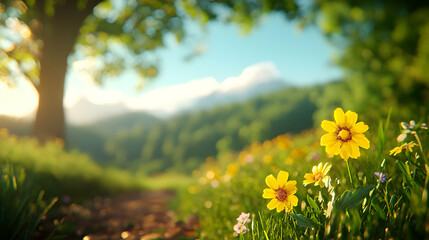 Fototapeta premium Yellow Wildflowers in Meadow with Green Trees and Distant Mountain under Blue Sky in Warm Sunlight on Summer Day in Tranquil Outdoor Nature