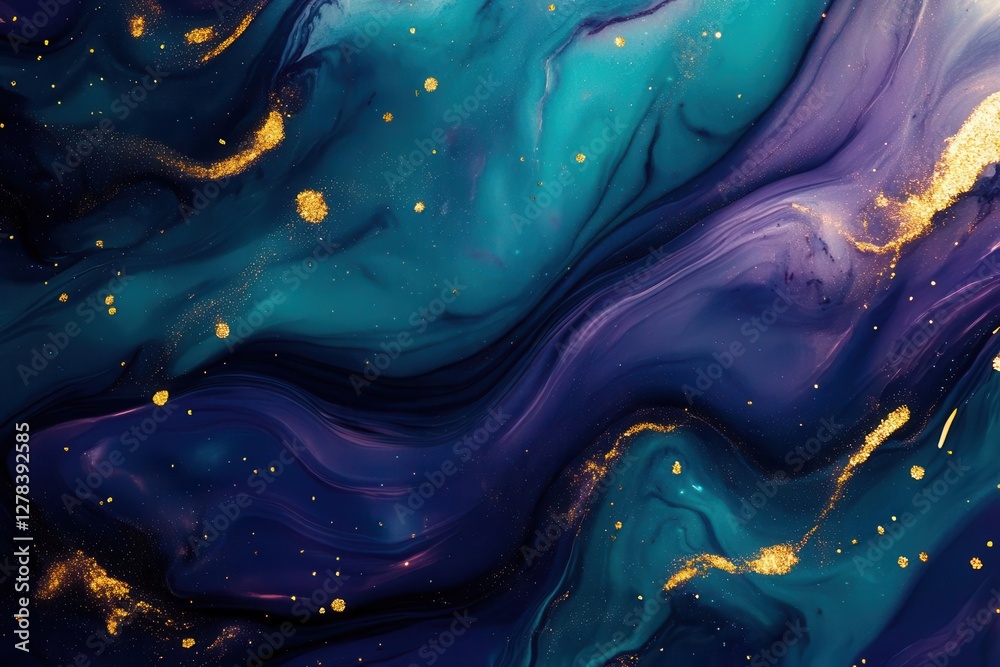 Wall mural ethereal cosmic swirls in deep turquoise and royal purple, creating a mesmerizing nebula-like patter