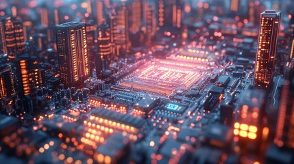 Futuristic Digital Cityscape with Neon Lights and Electronic Components