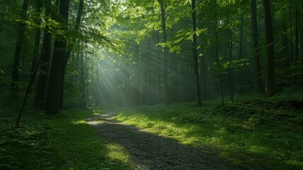 Fototapeta premium Sunlit Forest Path Green Canopy and Morning Mist