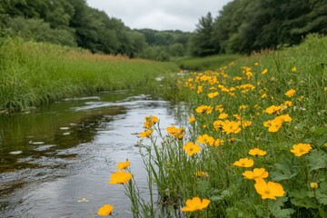Fototapeta premium Tranquil Stream Flows through Green Meadow with Vibrant Yellow Flowers under Overcast Sky