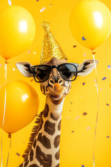 Funny cute giraffe wearing sunglasses holding happy birthday balloons and confetti explosion flying around greeting card on vibrant yellow background. © Denis