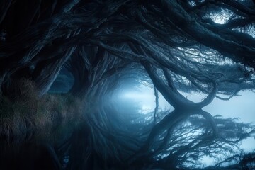 ethereal dawn light filtering through twisted cypress trees in foggy wetland, creating otherworldly reflections in dark water