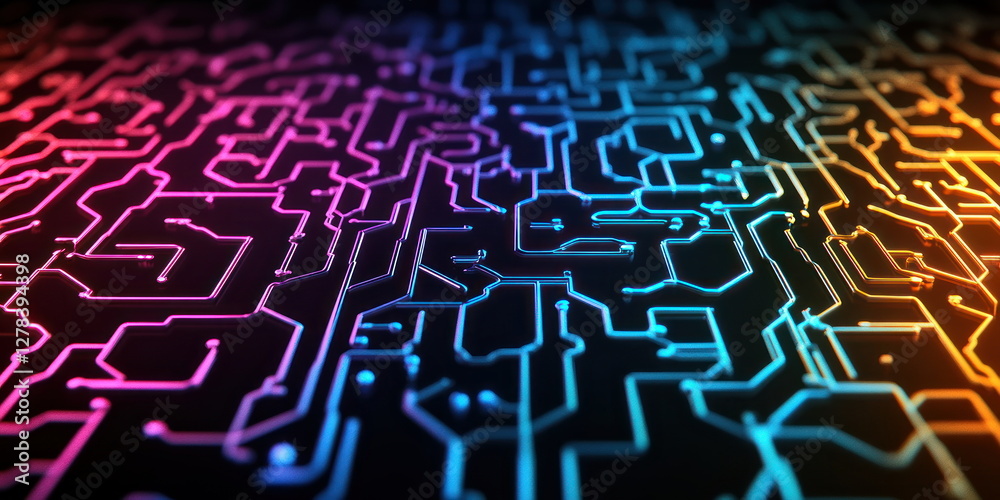 Poster colorful abstract circuit board design with neon light effects