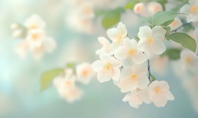 Fototapeta premium Delicate White Blossoms on Branch, Soft Focus Pastel Springtime Photography