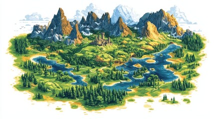 Fototapeta premium Island Fantasy Landscape Medieval Castle, Lakes, Mountains. Game Design