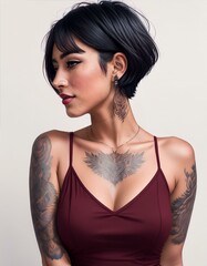 Fototapeta premium studio portrait of a brunette short haired tattoed model with nude shoulders wearing a low cut dark red bordeaux top on white background